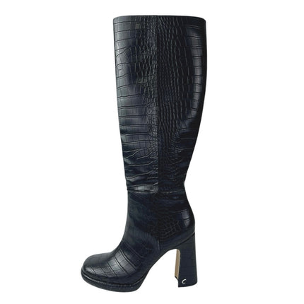Circus by Sam Edelman Black Croc Leather Zip Up Heeled Knee High Boots Size 5.5
