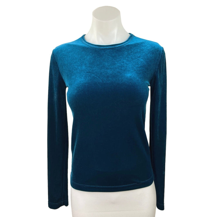 Pale Women Blue Velvet Crew Neck Long Sleeve Pullover Modern T-Shirt Top Size XS