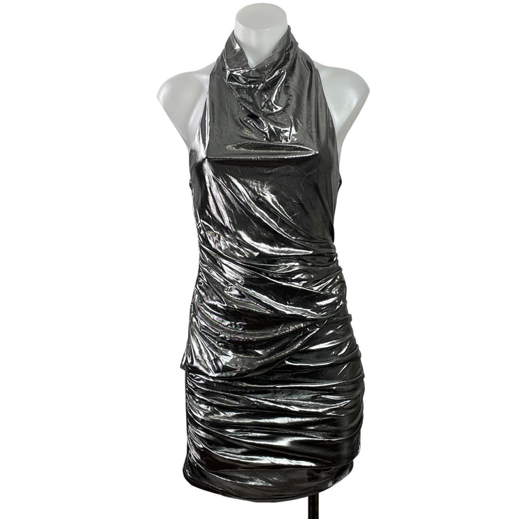 Superdown Nyla Women's Gray Sleeveless Metallic Ruched Bodycon Mini Dress Sz S