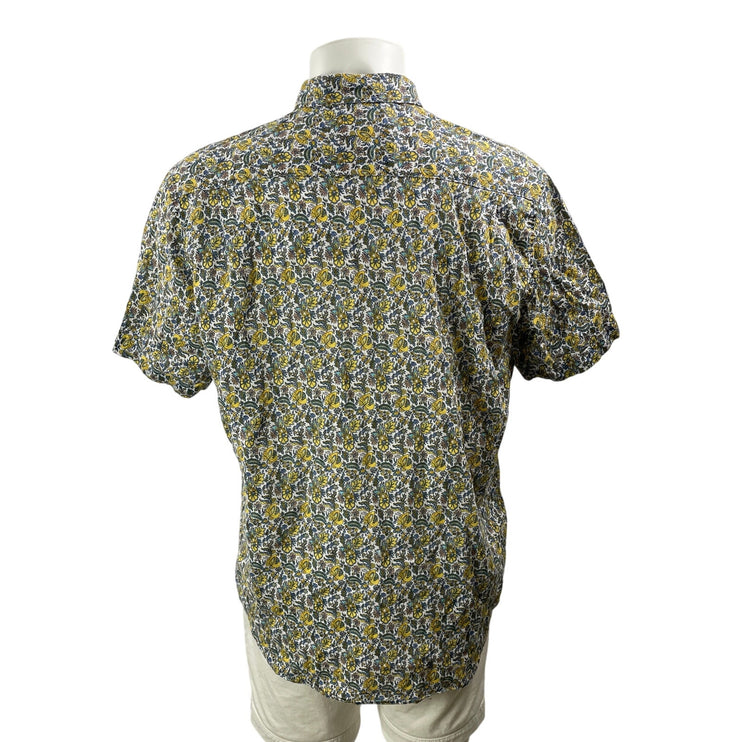 Alan Flusser Mens Yellow Floral Short Sleeve Linen Button Down Shirt Top Size XL