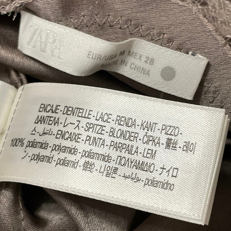 Zara Women's Taupe Sleeveless Satin Asymmetrical Floral Lace Camisole Top Size M