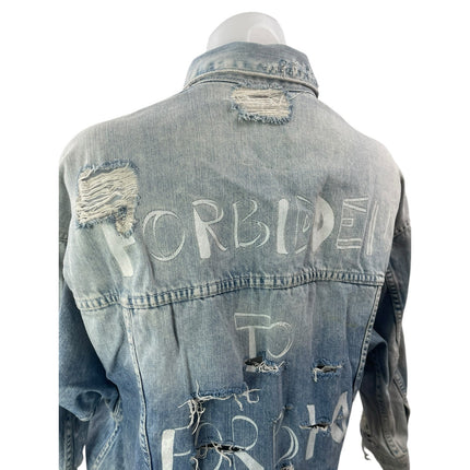 Zara Trafaluc Women's Blue Distressed Graffiti Long Sleeve Denim Jean Jacket S
