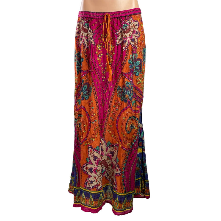 Soft Surroundings Marguerite Orange Pink Paisley Tassel Boho A-Line Maxi Skirt M