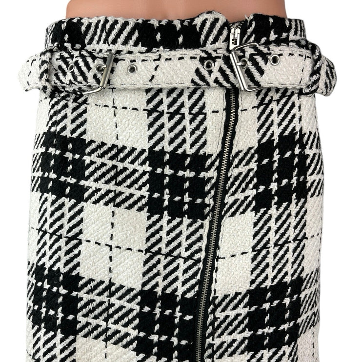 Zara Black White Tweed Plaid Checkered Zip Up Belted Mini Pencil Skirt Size M