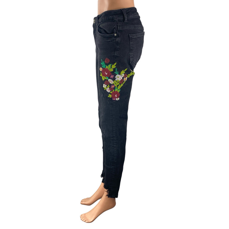 Zara Women's Black Floral Patch Embroidered Mid Rise Skinny Denim Jeans Size 8