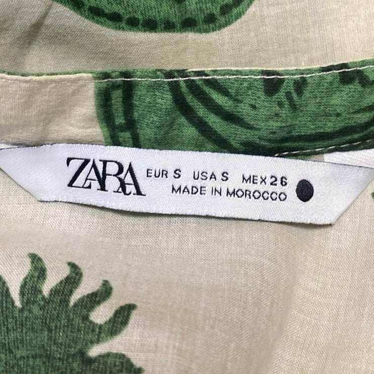 Zara Green Multicolor Printed Pleated Short Sleeve Button Down Shirt Dress Sz S