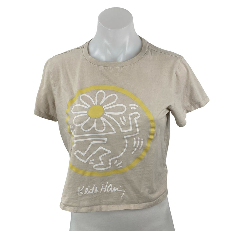 Gap Womens Beige Keith Haring Flower Artwork Short Sleeve Crop T Shirt Tee Top M
