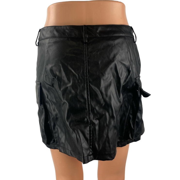 NEW Fashion Nova Black Faux Vegan Leather High Rise Mini A-Line Cargo Skirt Sz M