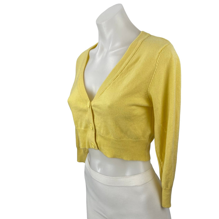 Mak Women's Yellow V Neck 3/4 Sleeve Button Down Crop Cardigan Sweater Top Sz L