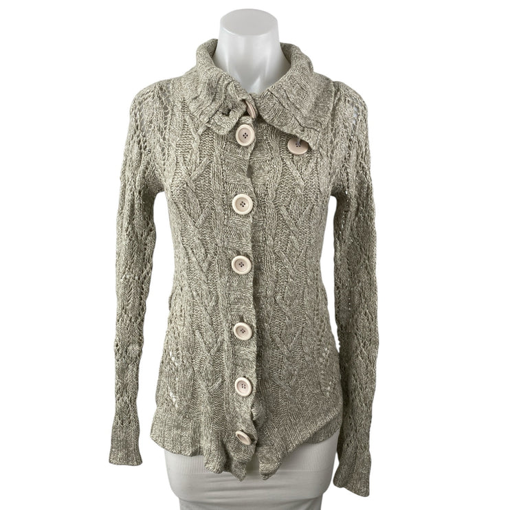 Forever Beige Cable Knit Collared Long Sleeve Button Down Jacket Sweater Top S