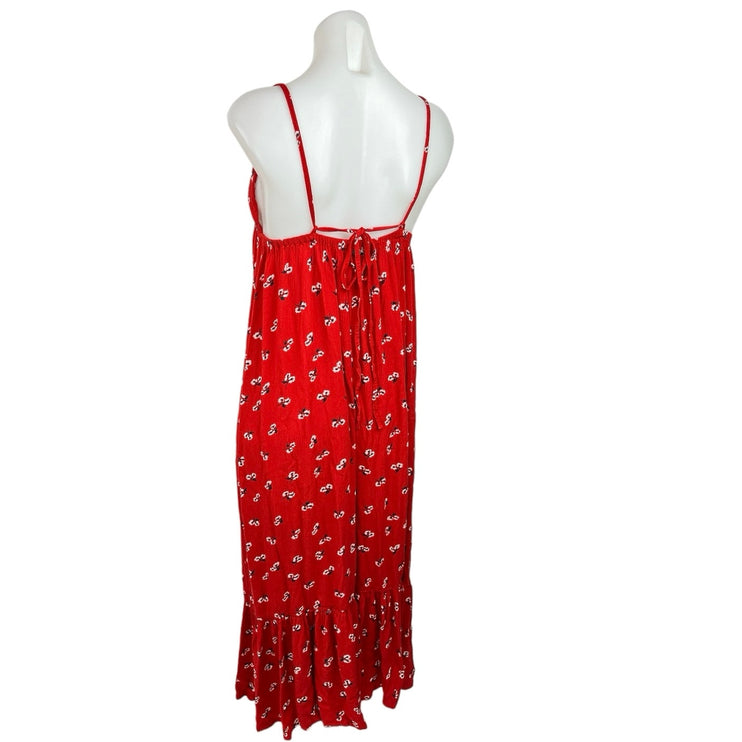 Billabong Red Floral Print V-Neck Spaghetti Strap Ruffle Empire Waist Dress Sz M