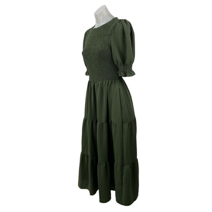BTFBM Women's Green Smocked Short Puff Sleeve Tiered A Line Maxi Dress Size S