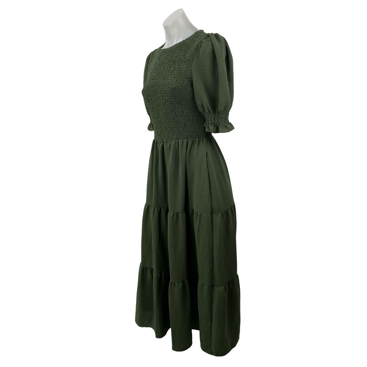 BTFBM Women's Green Smocked Short Puff Sleeve Tiered A Line Maxi Dress Size S