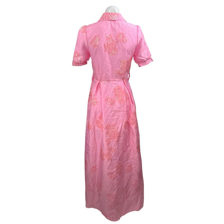 Women's Floral Jacquard Short Sleeve Button Up A Line Maxi Shirt Dress Size S