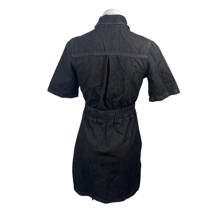 French Connection Black Short Sleeve Full Zip Belted Denim Jean Shirt Dress Sz 2