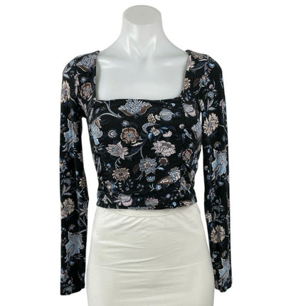 Aritzia Wilfred Women Black Floral Long Sleeve Square Neck Knit Crop Top Size S