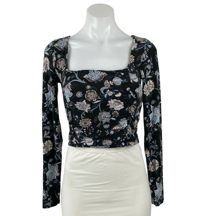 Aritzia Wilfred Women Black Floral Long Sleeve Square Neck Knit Crop Top Size S