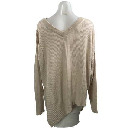 AllSaints Women's Beige Ribbed Knit Wool V Neck Asymmetric Sweater Top Size L
