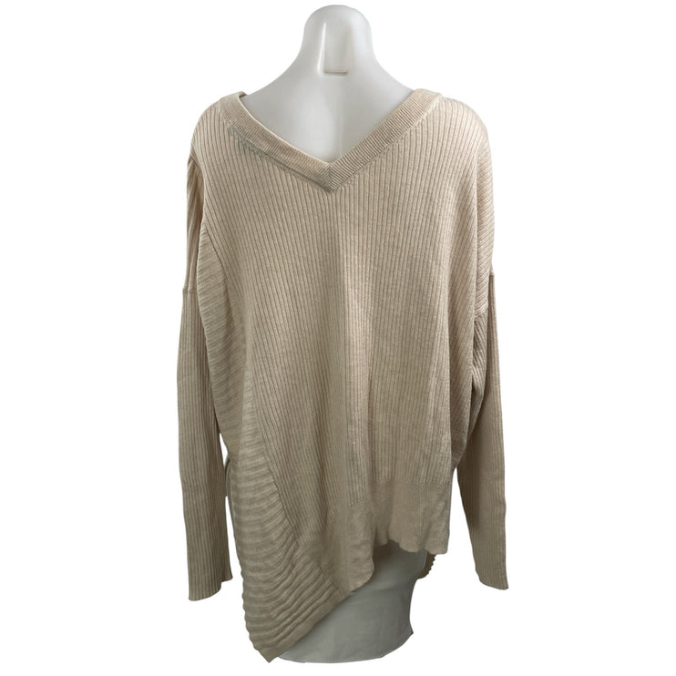 AllSaints Women's Beige Ribbed Knit Wool V Neck Asymmetric Sweater Top Size L