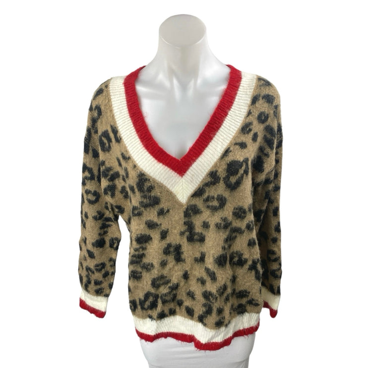 Lulus Women's Leopard Animal Print V Neck Brushed Long Sleeve Sweater Top S/M