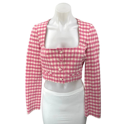 ZARA Women's Pink White Checkered Plaid Long Sleeve Button Shirt Crop Top Size M