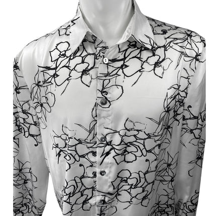 Akings Men's White Silky Satin Floral Print Long Sleeve Button Down Shirt Top L