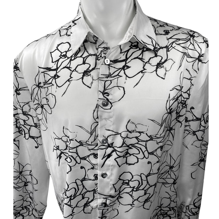 Akings Men's White Silky Satin Floral Print Long Sleeve Button Down Shirt Top L