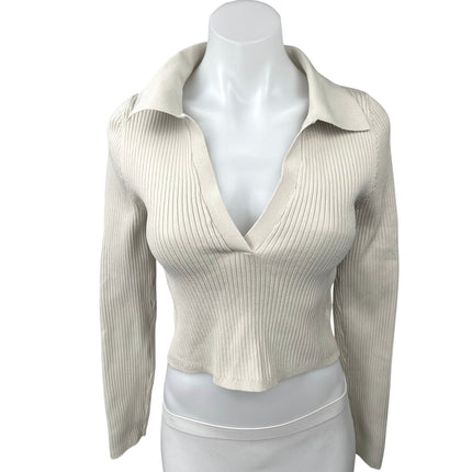 Aritzia Babaton White Ribbed Knit Vneck Collar Long Sleeve Crop Polo Shirt Top M
