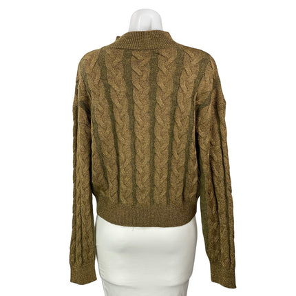 MNG Mango Olive Green Metallic Cable Knit Long Sleeve Mock Neck Sweater Top Sz L