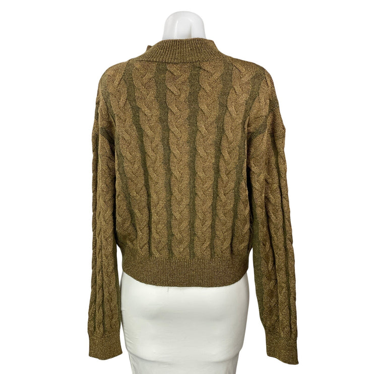 MNG Mango Olive Green Metallic Cable Knit Long Sleeve Mock Neck Sweater Top Sz L