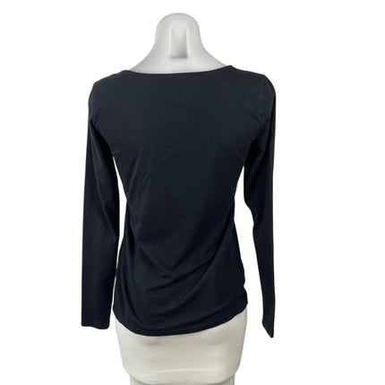 Ann Taylor Black Knit Boat Neck Long Sleeve  Curved Hem Basic Tee T-Shirt Top XS