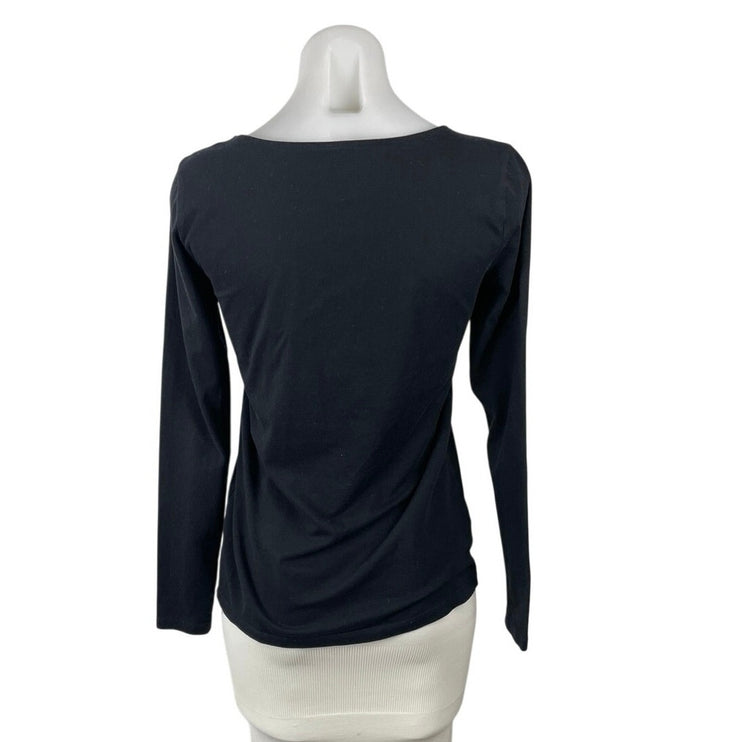 Ann Taylor Black Knit Boat Neck Long Sleeve  Curved Hem Basic Tee T-Shirt Top XS