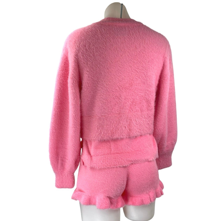 ASOS Pink Fleece Cardigan Short Sleeve T Shirt Shorts Sweater 3 Piece Set Size 2
