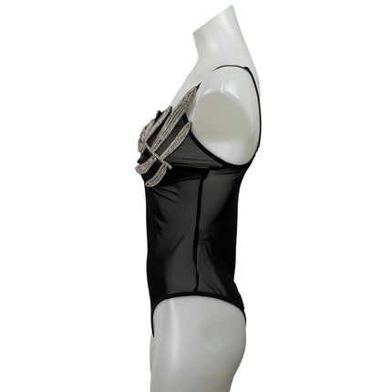 TU Black Silver Rhinestone Leaf Mesh Sheer Sleeveless Cami Bodysuit Top Size S