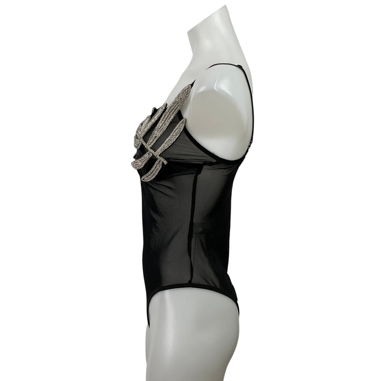 TU Black Silver Rhinestone Leaf Mesh Sheer Sleeveless Cami Bodysuit Top Size S