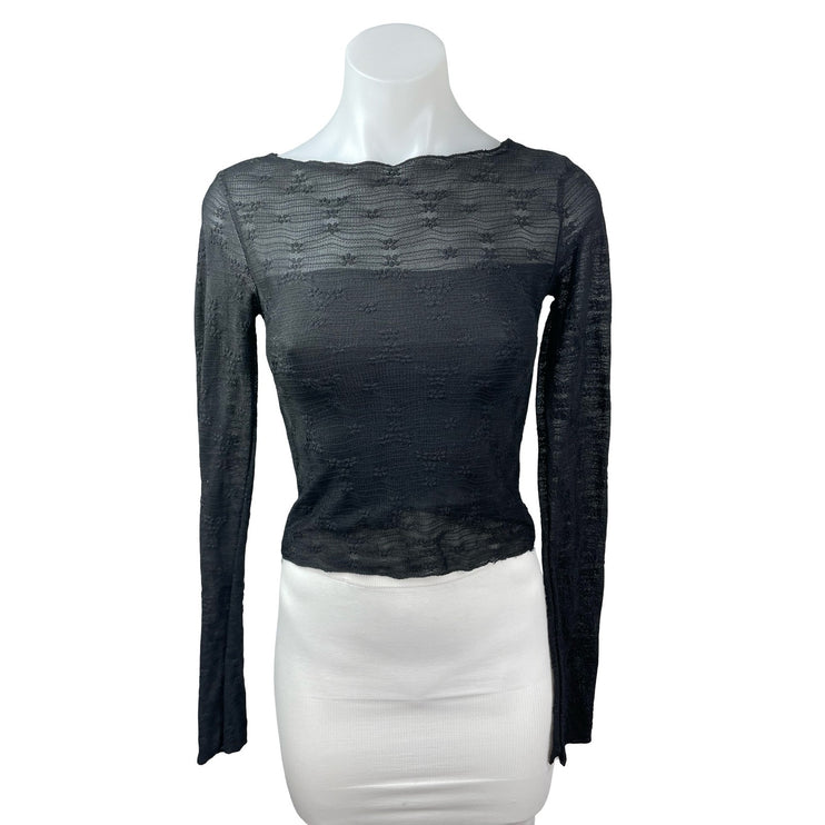 See You Monday Black Long Sleeve Floral Embroidered Mesh Cropped Blouse Top XS