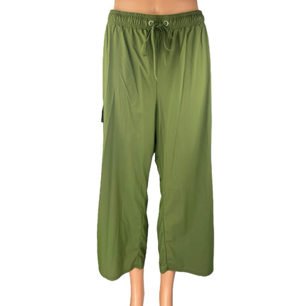 Retrology Green Drawstring High Waisted Cargo Wide Leg Trousers Cropped Pants 1x
