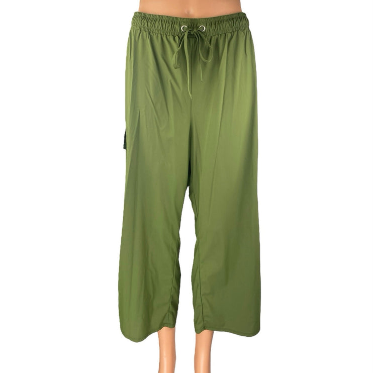 Retrology Green Drawstring High Waisted Cargo Wide Leg Trousers Cropped Pants 1x