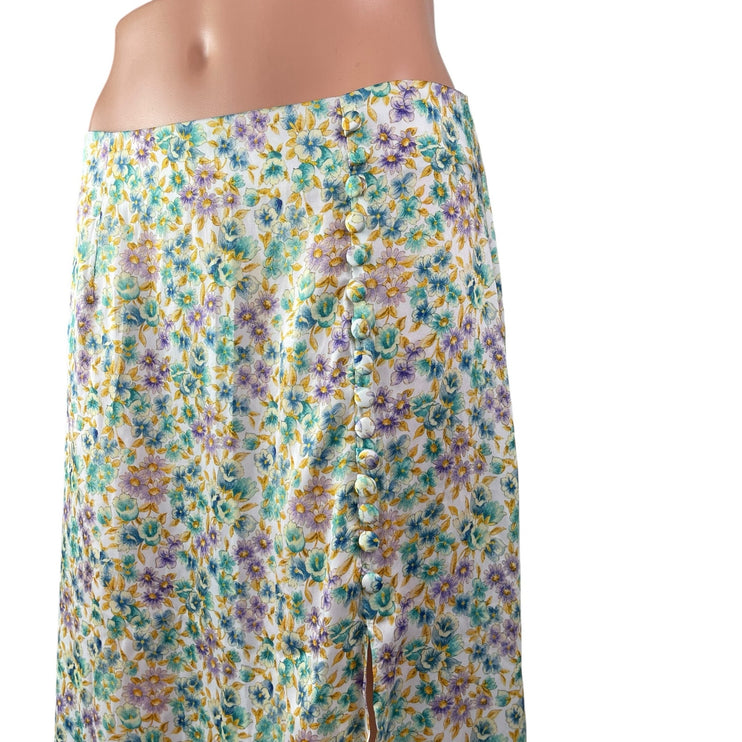 ZARA Multicolor Floral Satin Button Ruffle Hem Slit Midi A-Line Slip Skirt Sz M