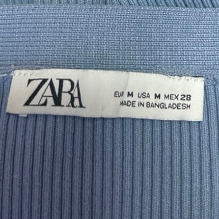 Zara Women's Blue Rib Knit Short Sleeve V-neck Button Crop Sweater Shirt Top M