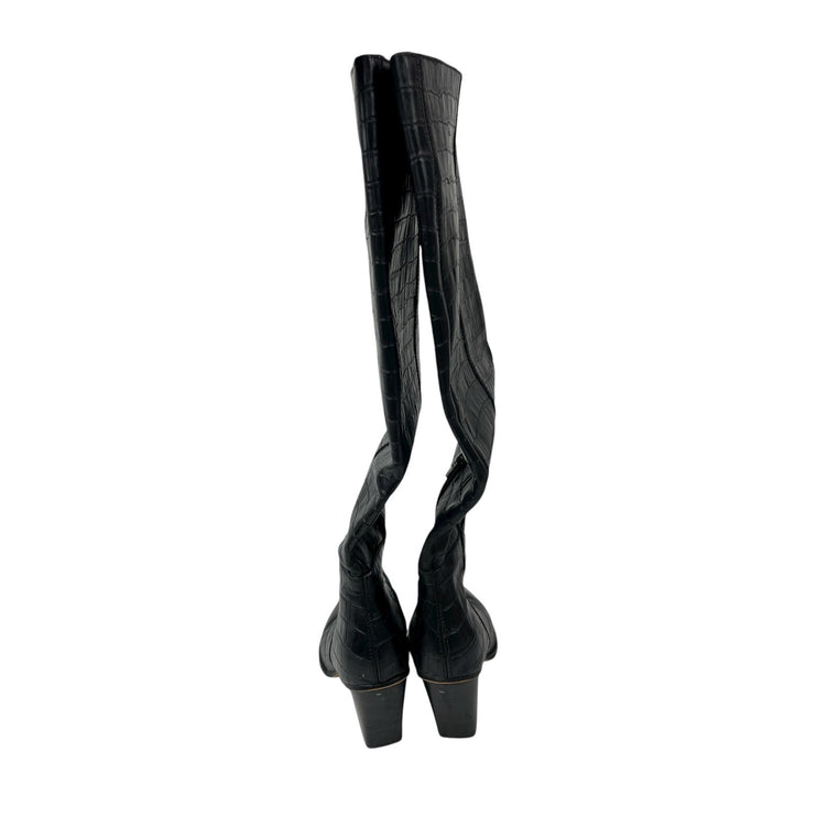 Dolce Vita Black Leather Crocodile Print Pointed Toe Knee High Cowboy Boots 9.5