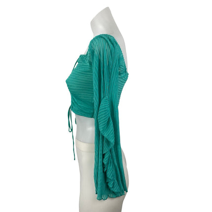 Zara Women's Green Teal Long Sleeve Pleated Tie Ruched Blouse Crop Top Size M