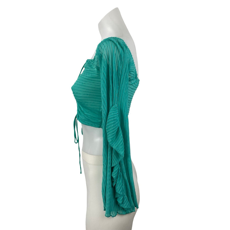 Zara Women's Green Teal Long Sleeve Pleated Tie Ruched Blouse Crop Top Size M