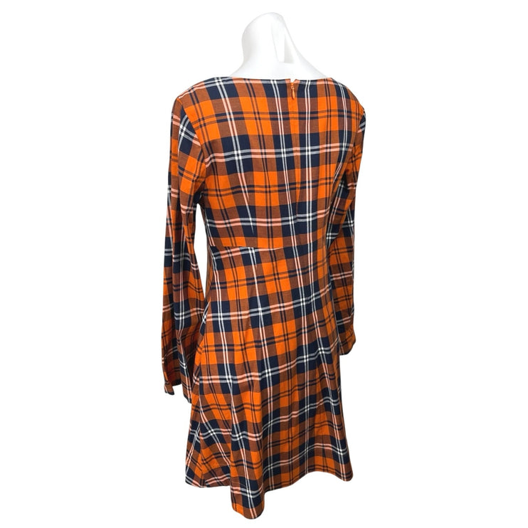 STAUD Orange Multicolor Plaid Square Neck Bell Sleeve Mini Fit & Flare Dress 10