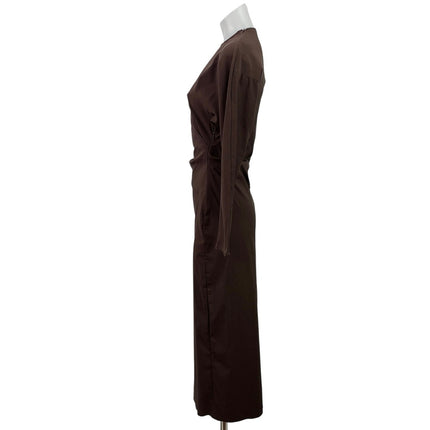 Zara Women's Brown Long Sleeve High Neck Ruched Maxi Bodycon Pencil Dress Sz XS
