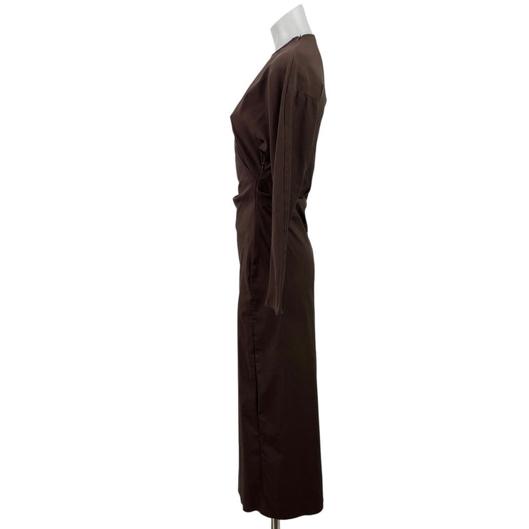 Zara Women's Brown Long Sleeve High Neck Ruched Maxi Bodycon Pencil Dress Sz XS