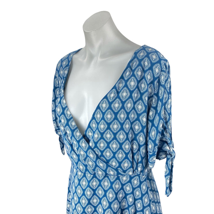 Blue Rair Blue Argyle Short Sleeve Tie Deep V Neck Faux Wrap A Line Mini Dress L