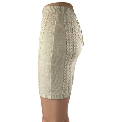 NEW Beivy Beige Tan Cable Knit Wool Pull On Fitted Sculpt Pencil Mini Skirt Sz S