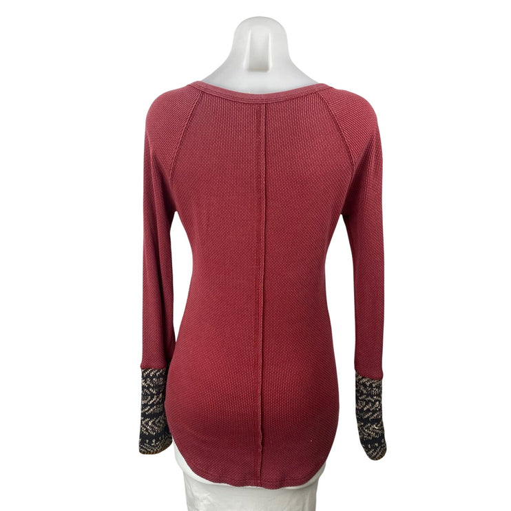 Free People Alpine Cuff Red Long Sleeve Henley Waffle Knit Thermal Sweater Top M