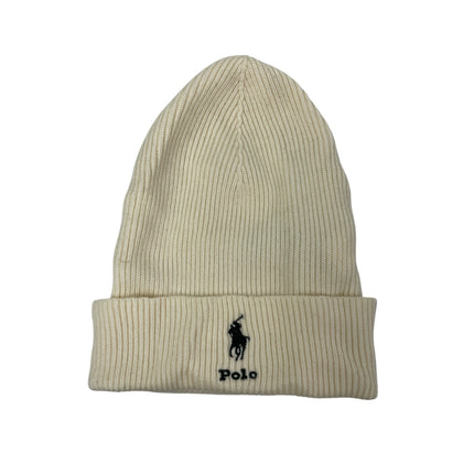 Polo Ralph Lauren 100% Wool Beige Embroidered Logo Ribbed Bonnet Beanie Hat OS